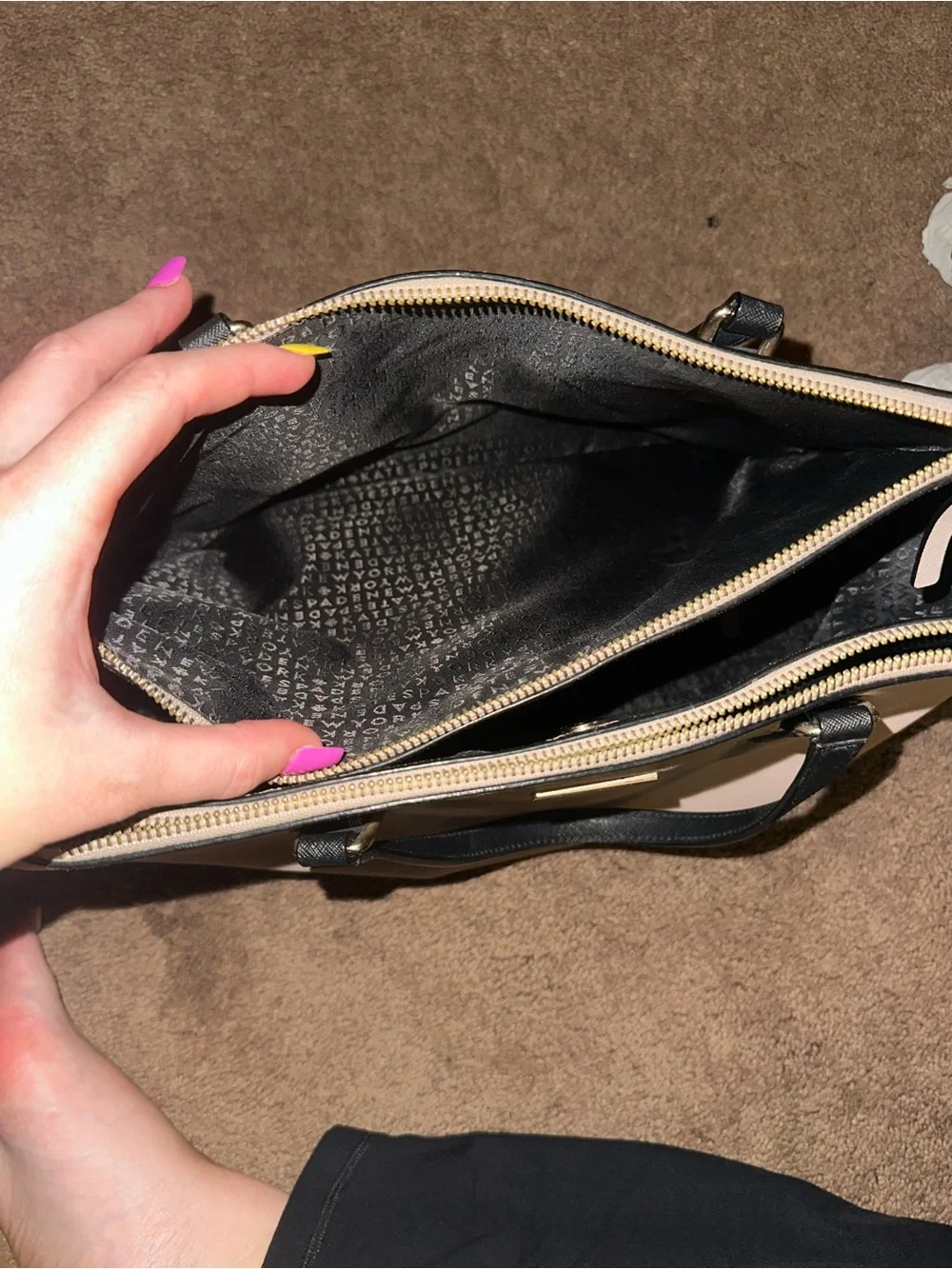 kate spade Beige and Black Satchel with Gold Logo Plate